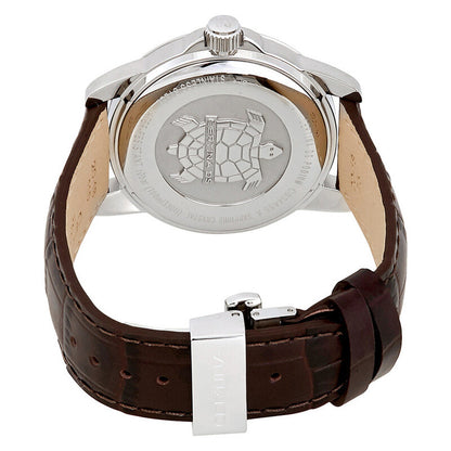 Certina DS Podium C034.455.16.087.01 men's watch caseback featuring the Certina turtle logo, stainless steel case, and brown leather strap with deployment clasp.