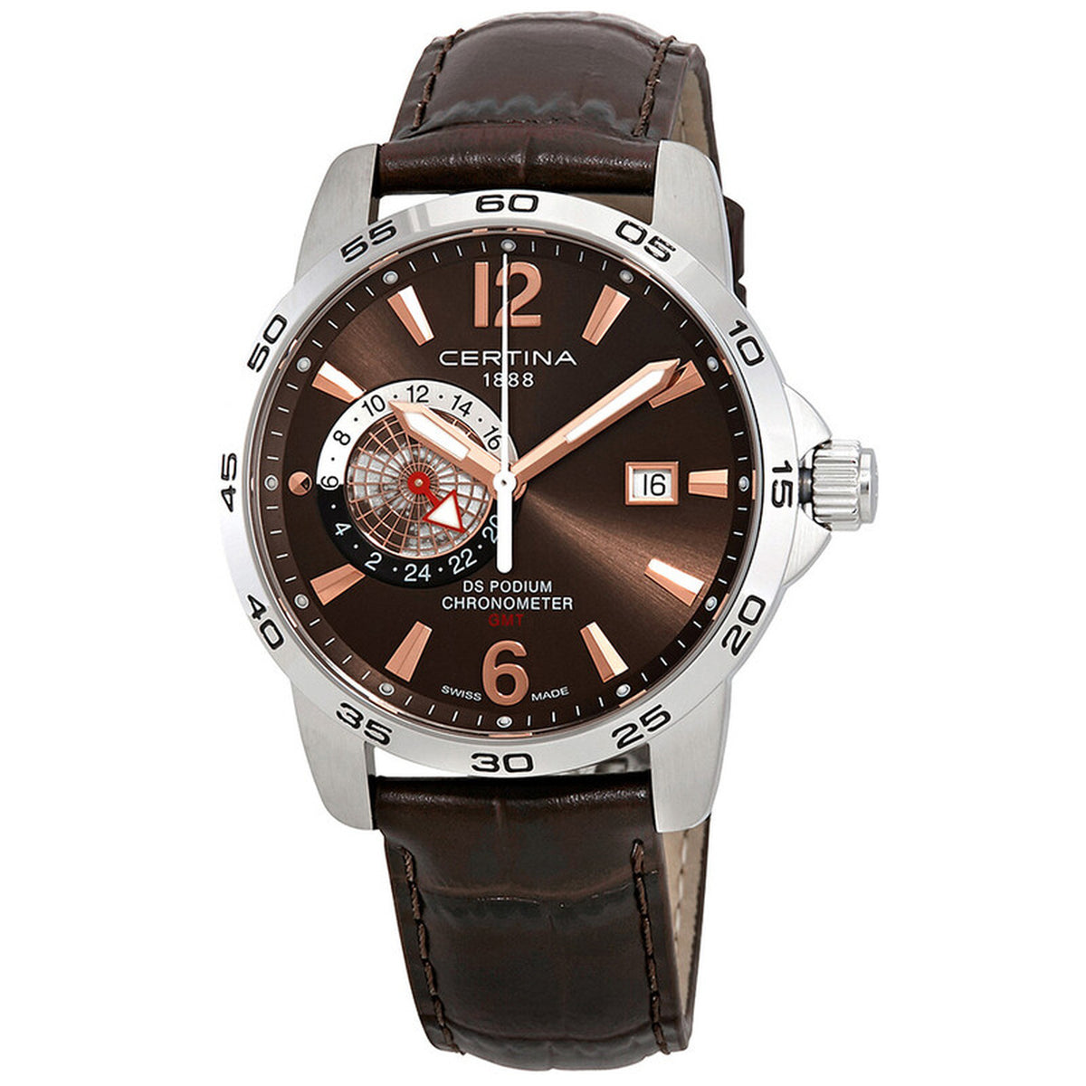 Certina DS Podium C034.455.16.087.01 men's watch featuring a brown dial, rose gold-tone hands and markers, GMT subdial, date window, and brown leather strap.
