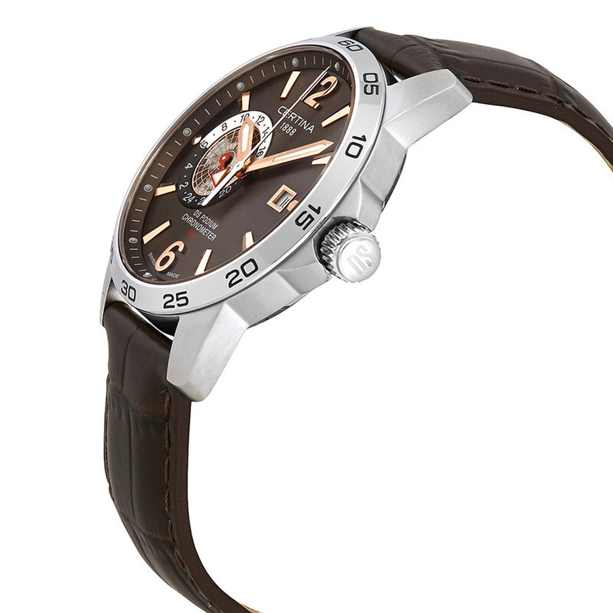 Certina DS Podium C034.455.16.087.01 men's quartz GMT watch side profile showing the crown, stainless steel case, and brown dial with rose gold-tone accents.