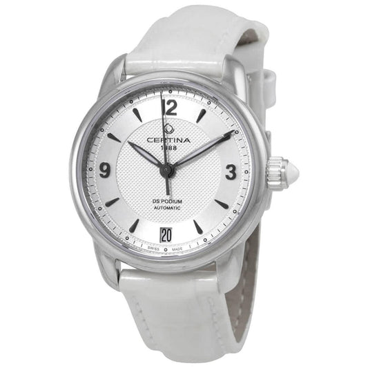Certina DS Podium Lady Automatic C025.207.16.037.00 con esfera blanca texturizada, números arábigos, fecha a las 6 y correa blanca de piel.