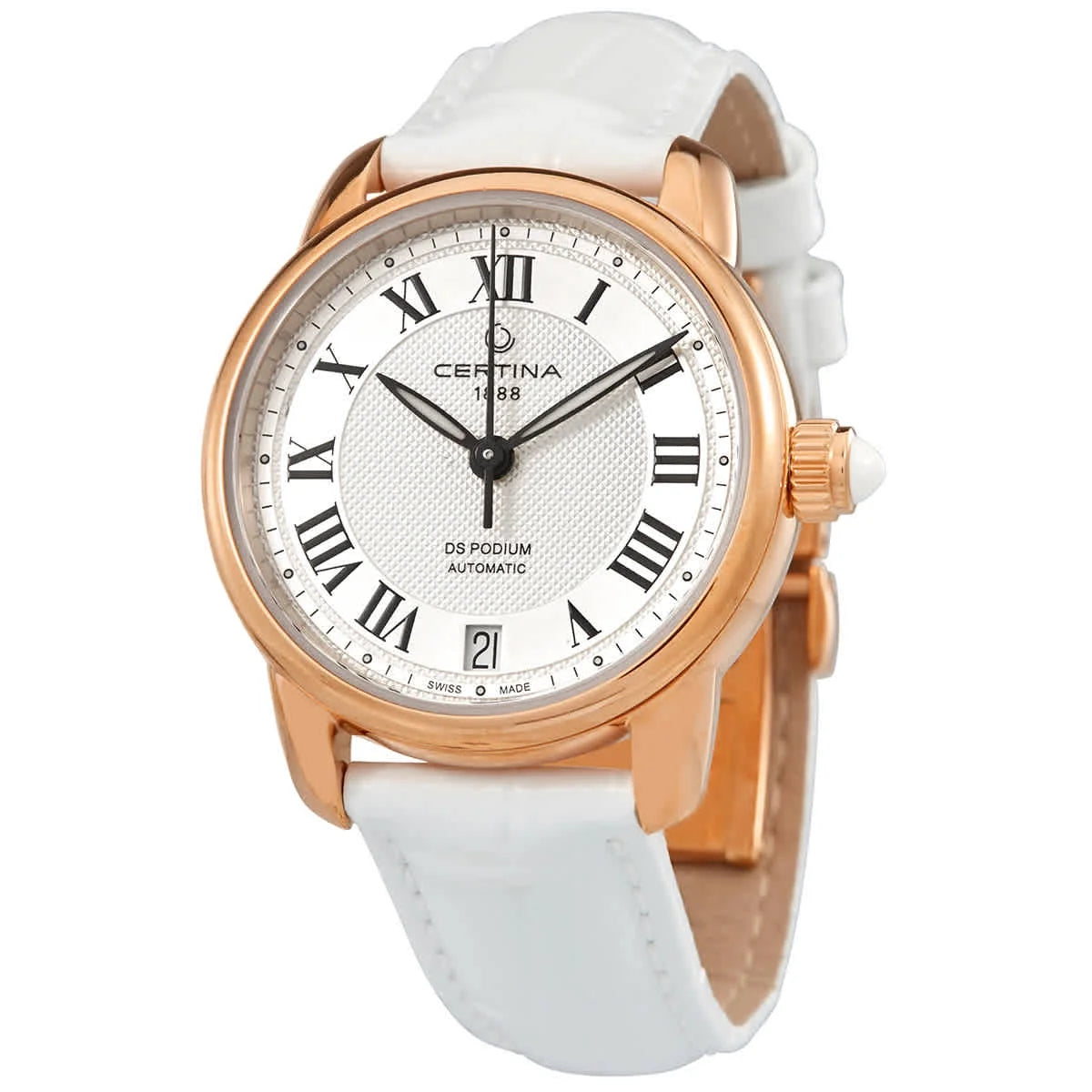 Reloj Certina DS Podium Lady Automatic C025.207.36.038.00 con caja en tono oro rosa, esfera blanca con números romanos y correa blanca de piel.