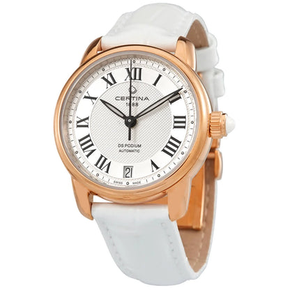 Reloj Certina DS Podium Lady Automatic C025.207.36.038.00 con caja en tono oro rosa, esfera blanca con números romanos y correa blanca de piel.