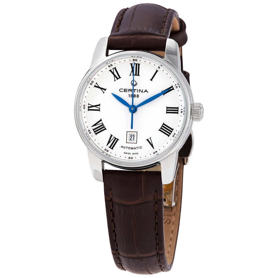 Reloj Certina DS Podium Lady C001.007.16.013.00 con esfera blanca, números romanos negros, aguja azul y correa de piel marrón.