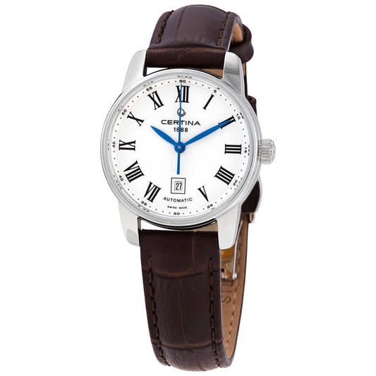 Reloj Certina DS Podium Lady C001.007.16.013.00 con esfera blanca, números romanos negros, aguja azul y correa de piel marrón.