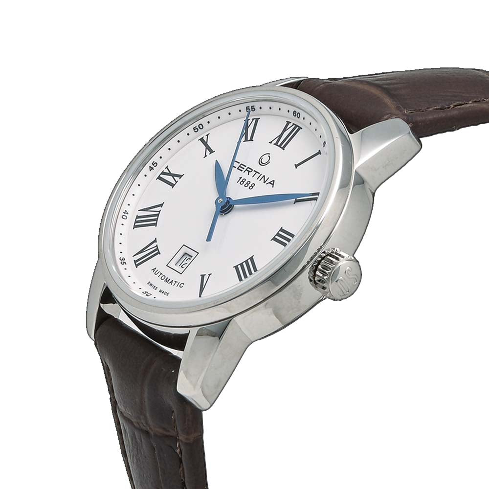 Vista lateral del Certina DS Podium Lady C001.007.16.013.00 con caja de acero inoxidable, esfera blanca con números romanos y correa de piel marrón.