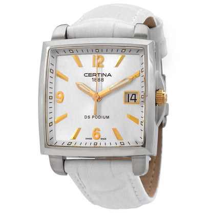Certina DS Podium Lady Square C001.310.26.037.00 con caja cuadrada de acero, esfera blanca con índices y números dorados, fecha a las 3 y correa blanca de piel.