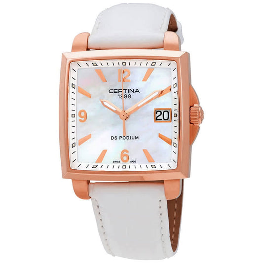 Reloj Certina DS Podium Lady Square C001.310.36.117.00 con caja en tono oro rosa, esfera de nácar, índices en color oro rosa y correa blanca de piel.
