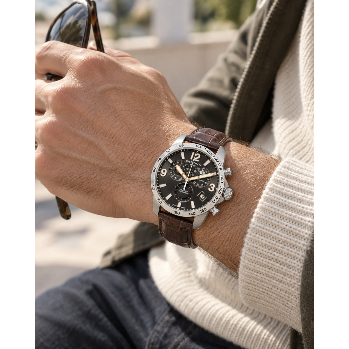 Certina DS Podium men's watch featuring a grey dial and brown leather strap worn on wrist outdoors