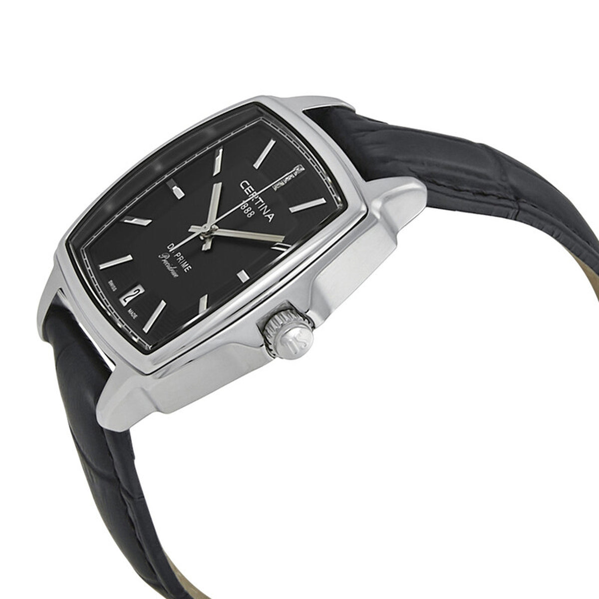 Angled profile view of the Certina DS Prime women's watch highlighting the polished stainless steel case and textured crown.