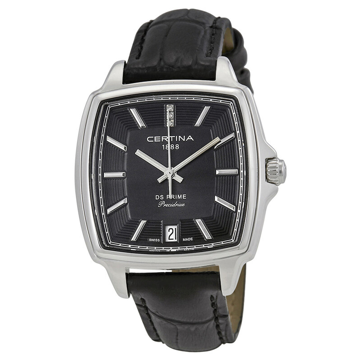 Certina DS Prime women's watch featuring a rectangular stainless steel case, black textured dial with silver-tone hands and markers, and a black leather strap.