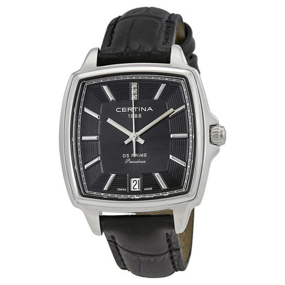 Certina DS Prime women's watch featuring a rectangular stainless steel case, black textured dial with silver-tone hands and markers, and a black leather strap.