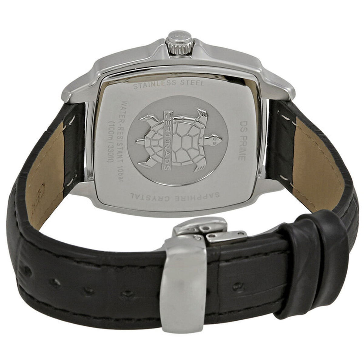 Certina DS Prime caseback featuring the turtle logo and stainless steel construction, paired with a deployment clasp on the black leather strap.