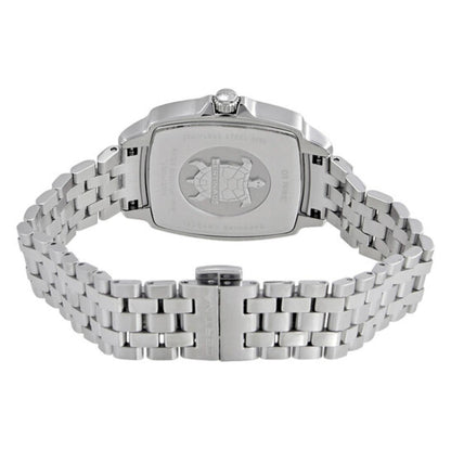 Parte trasera del Certina DS Prime Shape C028.310.61.116.00 con fondo de caja grabado con el emblema de la tortuga Certina y brazalete de acero inoxidable con cierre desplegable.