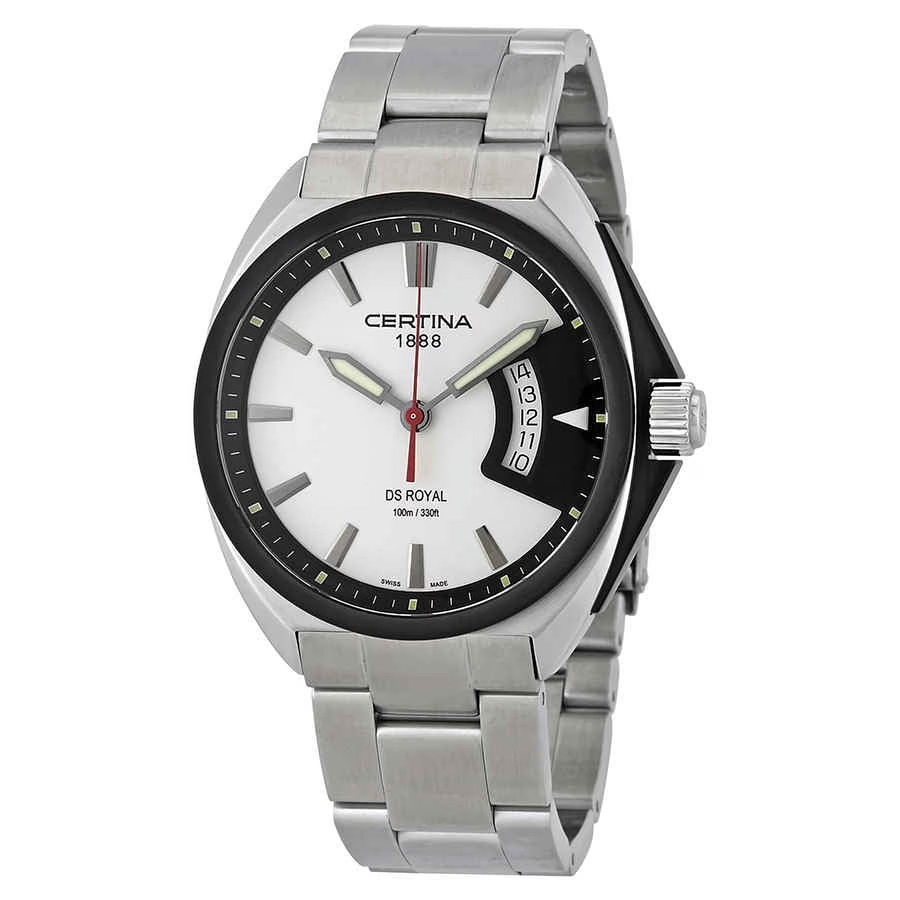Reloj Certina DS Royal C010.410.11.051.00 de acero inoxidable con esfera blanca, bisel negro, indicador de fecha curvado a la derecha y brazalete metálico cepillado.