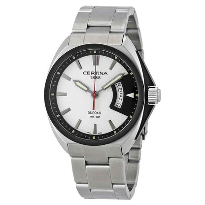 Reloj Certina DS Royal C010.410.11.051.00 de acero inoxidable con esfera blanca, bisel negro, indicador de fecha curvado a la derecha y brazalete metálico cepillado.