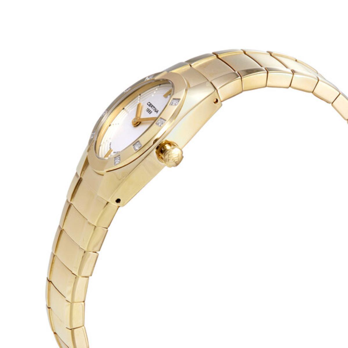 Perfil lateral del Certina DS Spel Mini Lady C322.7154.51.11 en acabado dorado, mostrando caja estilizada, corona firmada y brazalete metálico integrado.