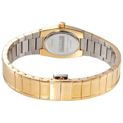 Vista trasera del Certina DS Spel Mini Lady C322.7154.51.11 con caja dorada, tapa de acero grabada y brazalete metálico integrado en acabado dorado.