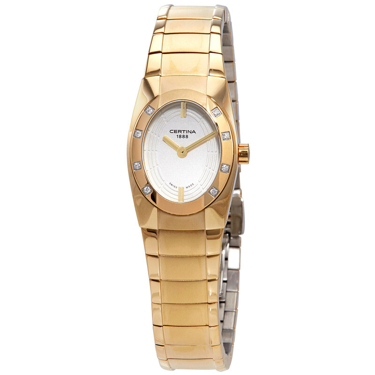 Certina DS Spel Mini Lady luxury women's watch featuring a white textured dial, gold hands, and diamond markers