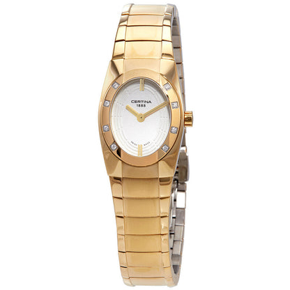 Certina DS Spel Mini Lady luxury women's watch featuring a white textured dial, gold hands, and diamond markers