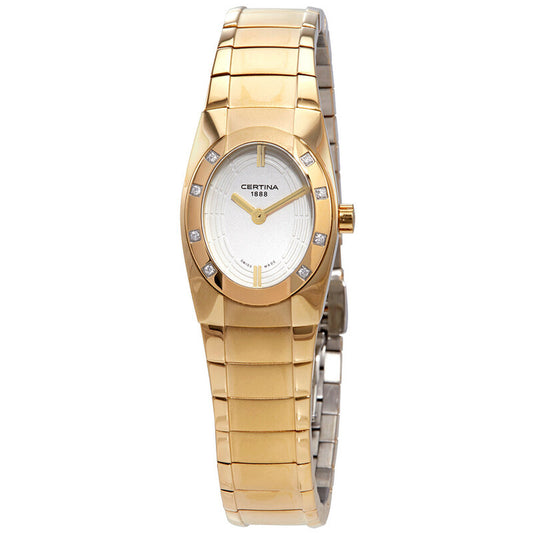 Certina DS Spel Mini Lady luxury women's watch featuring a white textured dial, gold hands, and diamond markers