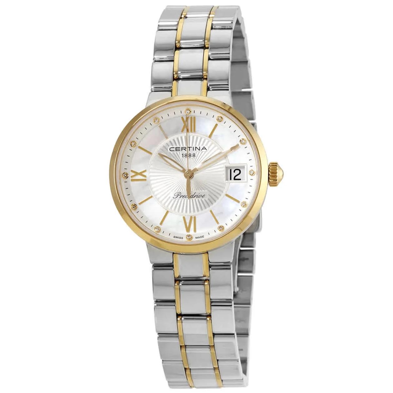 Certina DS Stella C031.210.22.116.00 para mujer, con caja y bisel en acero y PVD dorado, esfera de nácar con diamantes y números romanos, calendario a las 3 y brazalete bicolor.