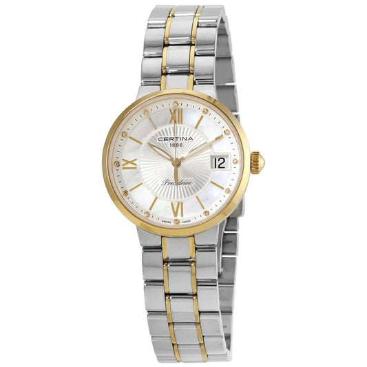 Certina DS Stella C031.210.22.116.00 para mujer, con caja y bisel en acero y PVD dorado, esfera de nácar con diamantes y números romanos, calendario a las 3 y brazalete bicolor.