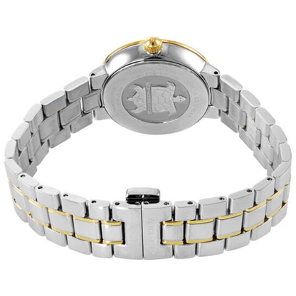 Vista trasera del Certina DS Stella C031.210.22.116.00 con tapa grabada con el emblema de la tortuga, caja de acero con detalles dorados y brazalete bicolor en acero inoxidable.