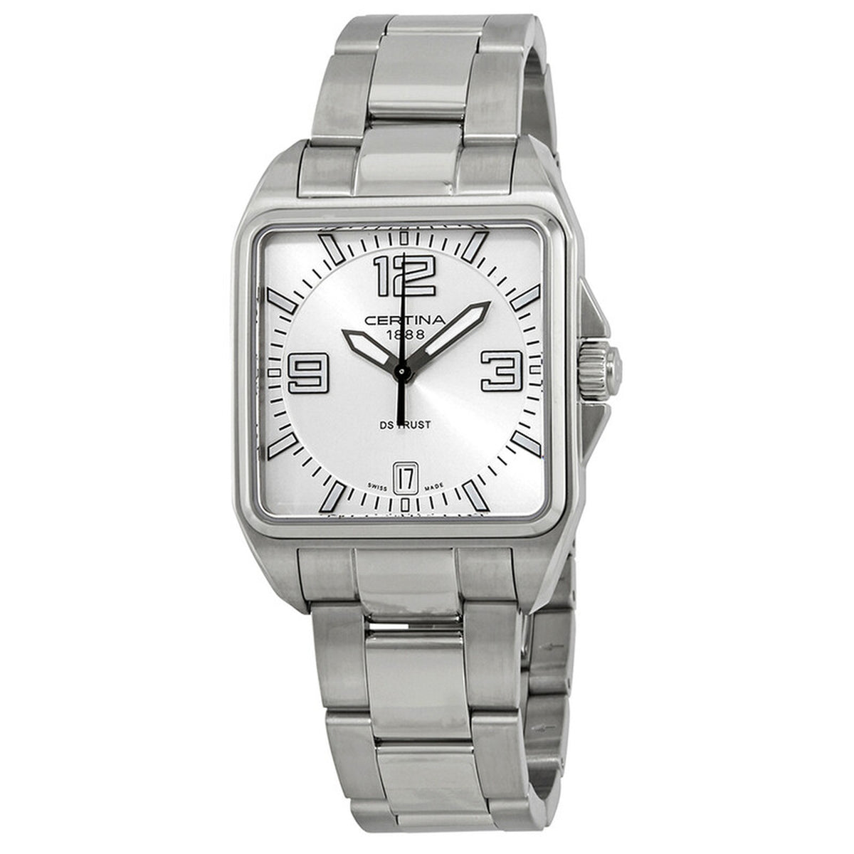Certina DS Trust women's quartz watch with silver dial, rectangular stainless steel case, and steel bracelet