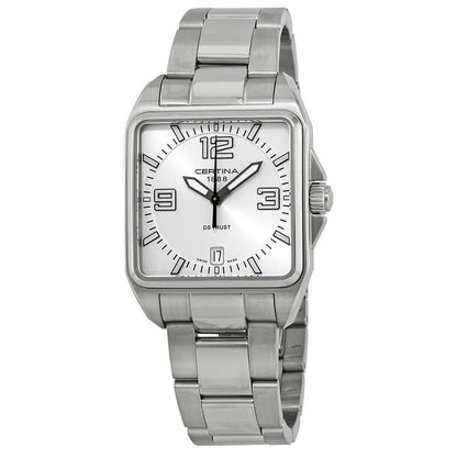 Certina DS Trust women's quartz watch with silver dial, rectangular stainless steel case, and steel bracelet