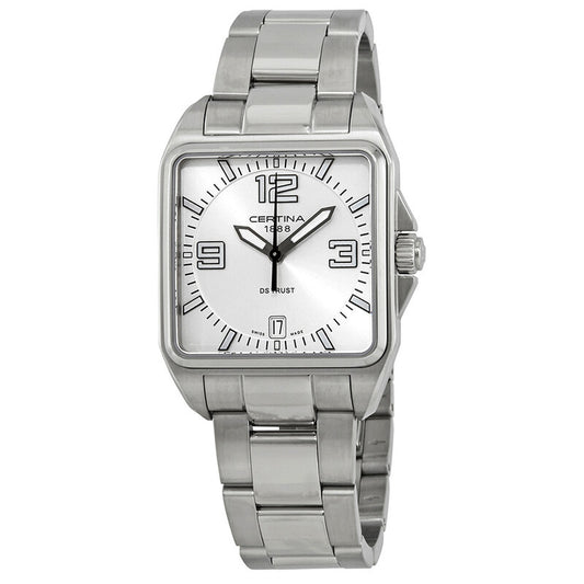 Certina DS Trust women's quartz watch with silver dial, rectangular stainless steel case, and steel bracelet