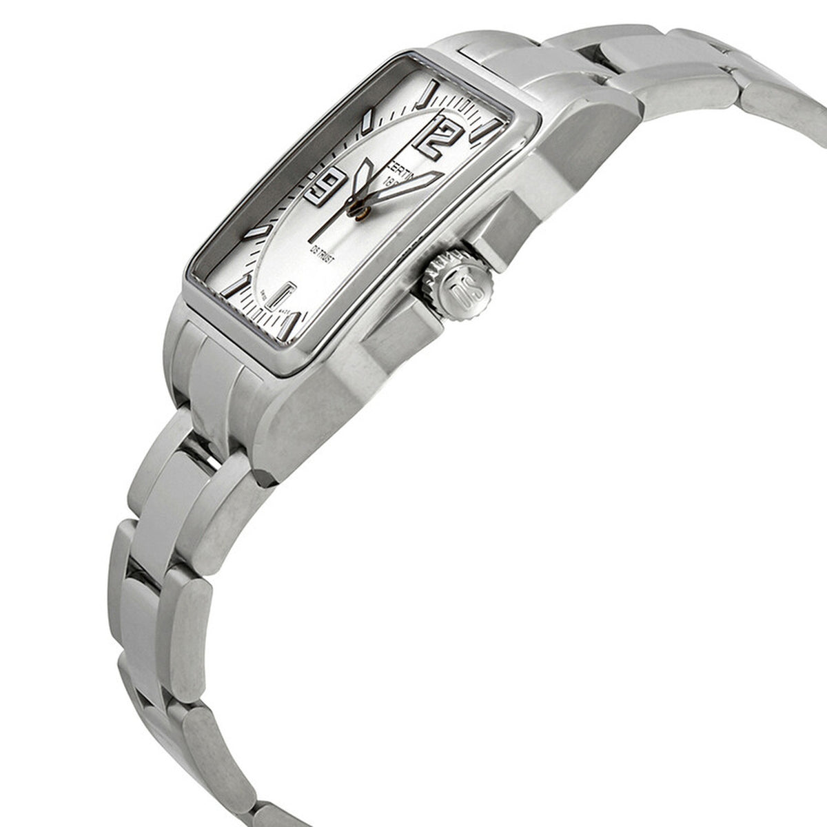 Certina DS Trust women's watch angled profile showcasing the rectangular stainless steel case, textured crown, and link bracelet