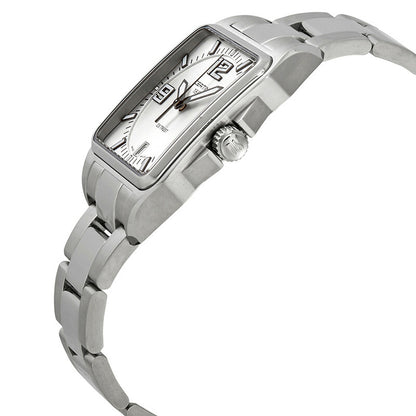 Certina DS Trust women's watch angled profile showcasing the rectangular stainless steel case, textured crown, and link bracelet
