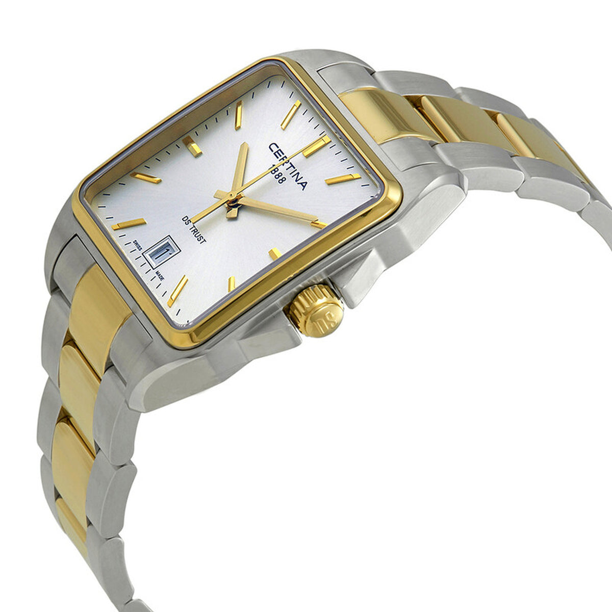 Certina DS Trust C019.510.22.031.00 with a silver dial, gold-tone bezel, hands and hour markers, gold-tone crown, rectangular case, and two-tone bracelet.