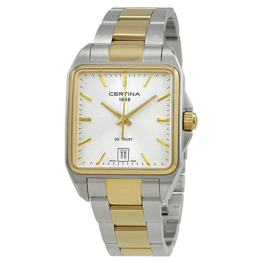 Certina DS Trust C019.510.22.031.00 with a silver dial, gold-tone hands and hour markers, rectangular silver-tone case, date window, and two-tone bracelet.