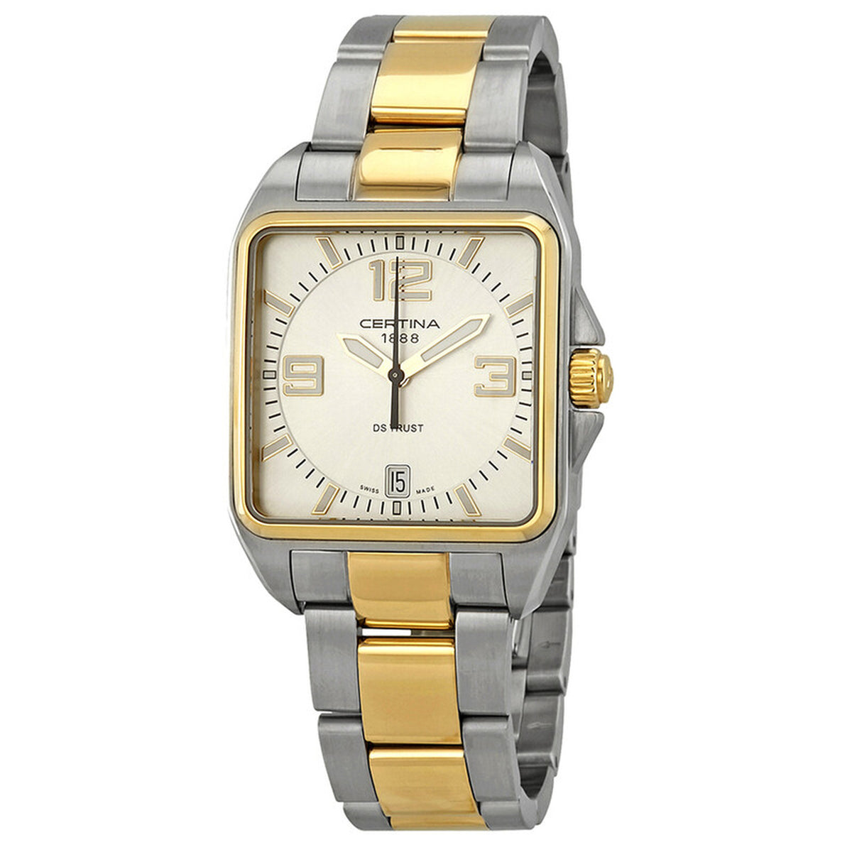 Certina DS Trust women's watch with silver dial, gold-tone Arabic numerals, and two-tone steel bracelet.