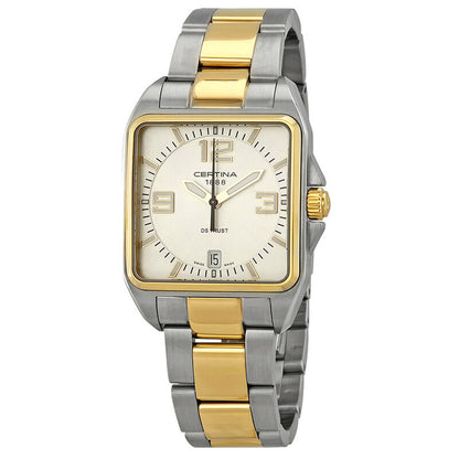 Certina DS Trust women's watch with silver dial, gold-tone Arabic numerals, and two-tone steel bracelet.