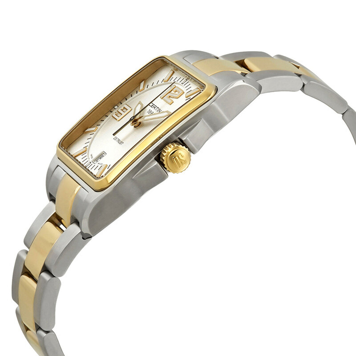 Certina DS Trust quartz watch angled profile highlighting the gold-plated crown and rectangular bezel.