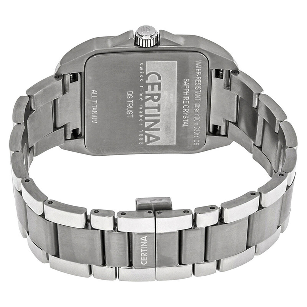Certina DS Trust C019.510.44.081.00 with an engraved titanium caseback, integrated titanium bracelet, and matching fold-over clasp.