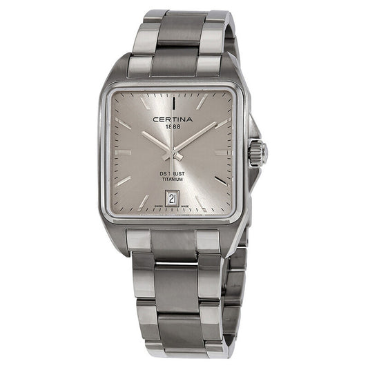 Certina DS Trust C019.510.44.081.00 with a silver dial, square titanium case, silver-tone hands and hour markers, date window, and matching titanium bracelet.