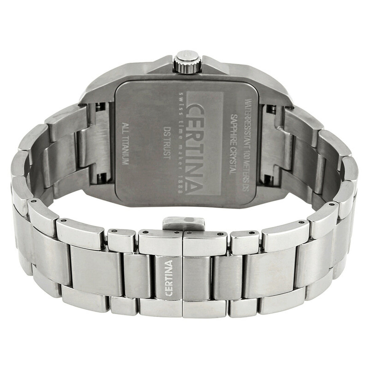 Certina DS Trust C019.510.44.087.00 with an engraved titanium caseback, matching titanium bracelet, and fold-over clasp with Certina branding.