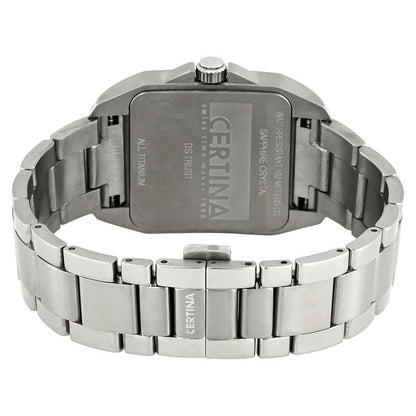 Certina DS Trust C019.510.44.087.00 with an engraved titanium caseback, matching titanium bracelet, and fold-over clasp with Certina branding.