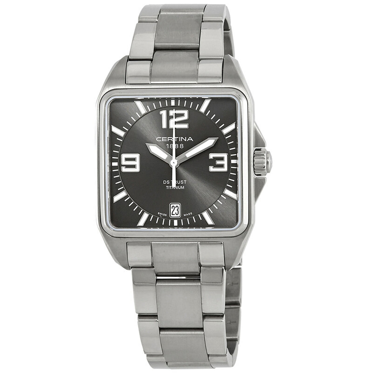 Certina DS Trust C019.510.44.087.00 with a grey dial, bold silver-tone Arabic numerals and hour markers, square titanium case, date window, and matching titanium bracelet.