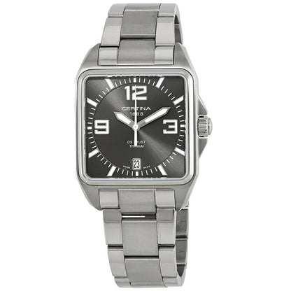 Certina DS Trust C019.510.44.087.00 with a grey dial, bold silver-tone Arabic numerals and hour markers, square titanium case, date window, and matching titanium bracelet.