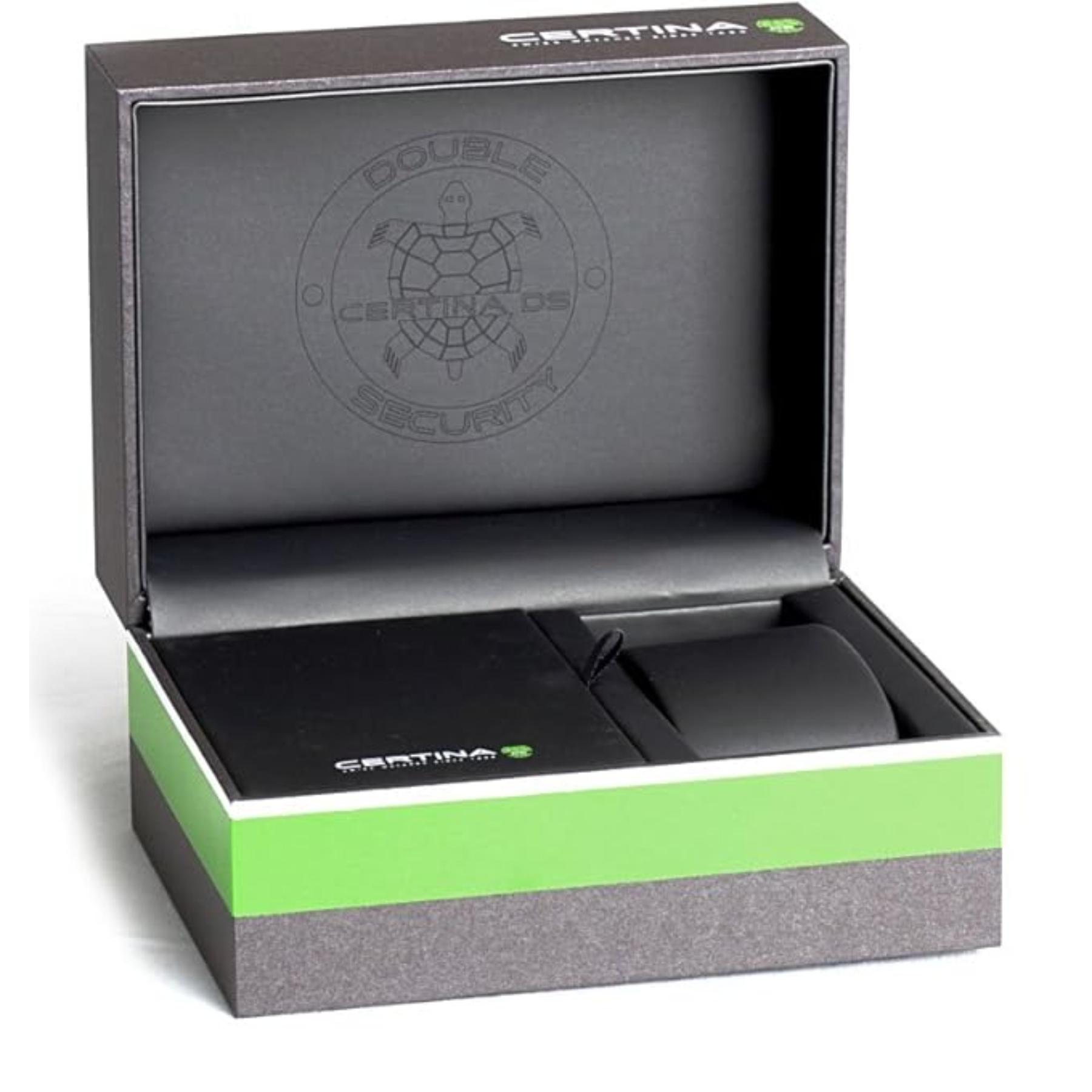 Estuche original Certina en color verde y gris con interior negro y logotipo Double Security grabado.