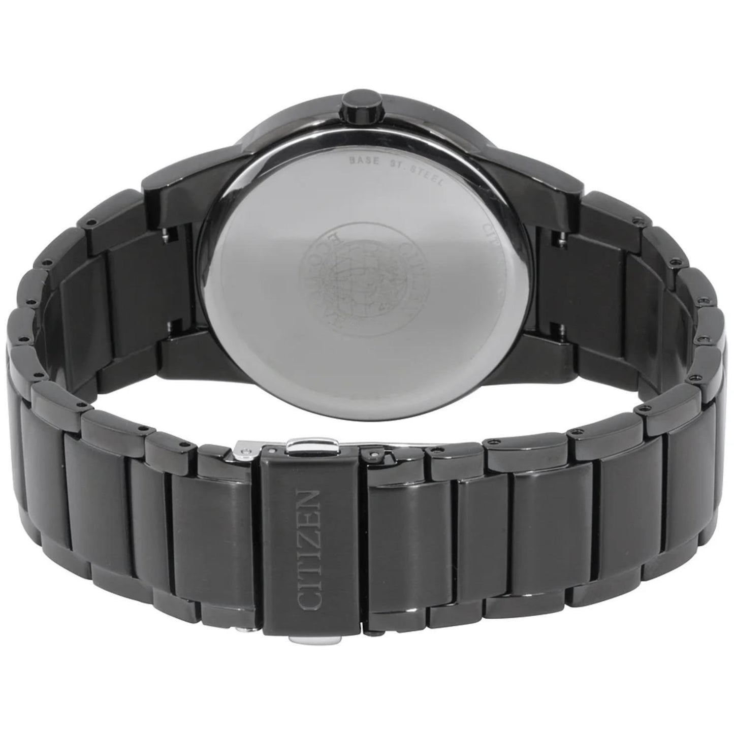 Citizen AU1065-58E rear view showing black stainless steel bracelet, caseback and fold over clasp with Citizen branding
