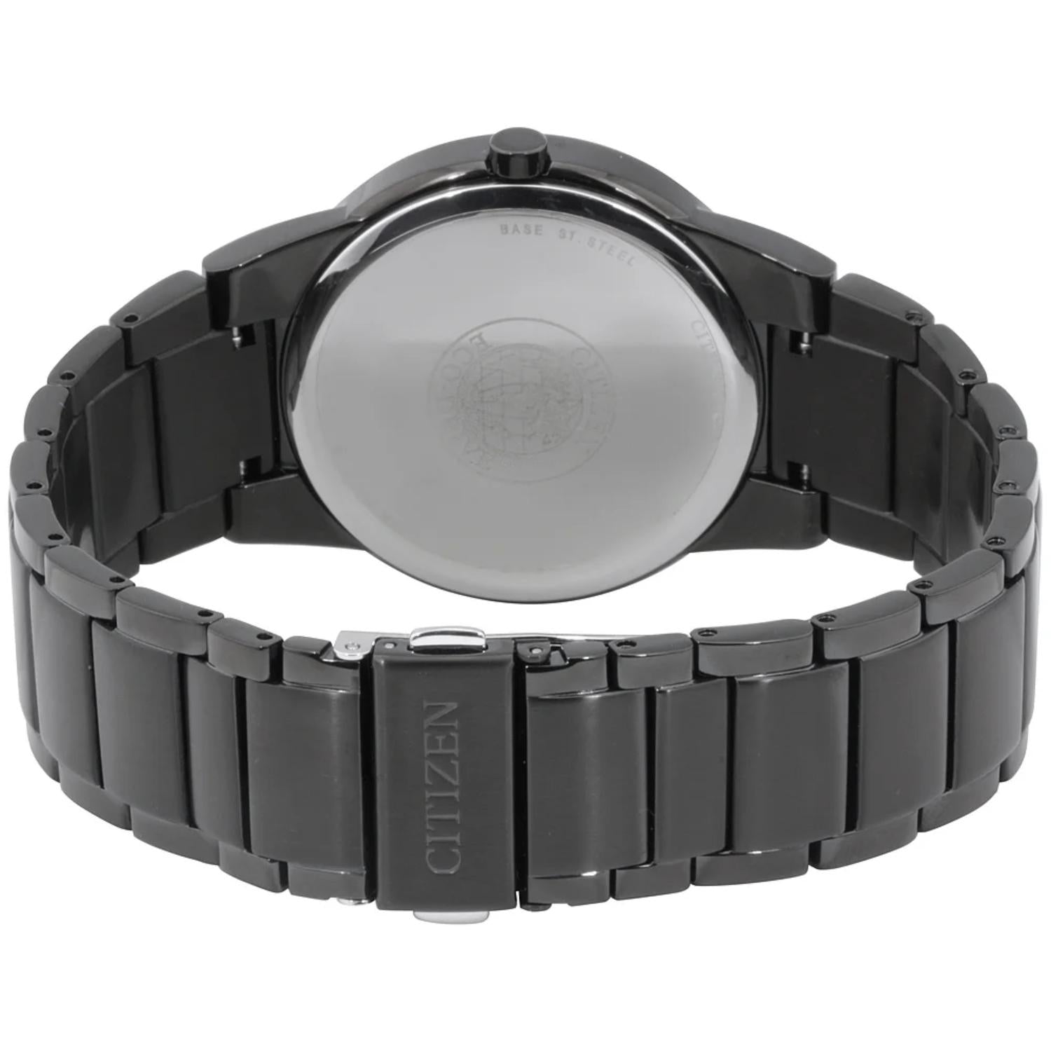 Citizen AU1065-58E rear view showing black stainless steel bracelet, caseback and fold over clasp with Citizen branding