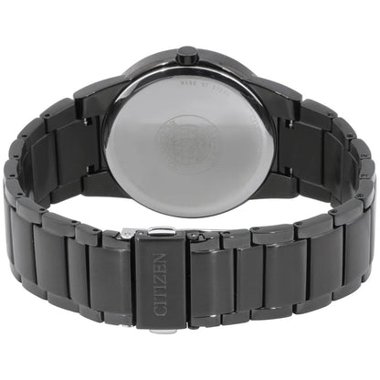 Citizen AU1065-58E rear view showing black stainless steel bracelet, caseback and fold over clasp with Citizen branding