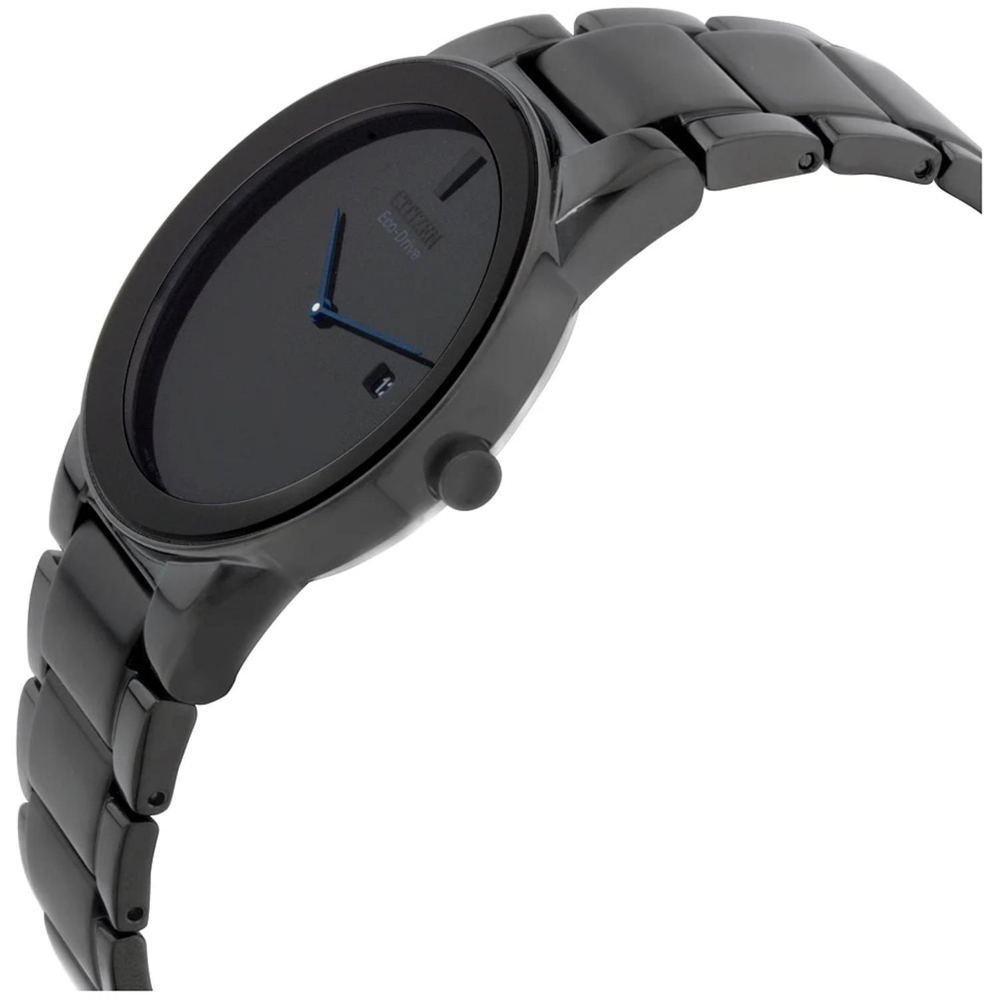 Citizen AU1065-58E mens watch angled side view showing slim black case, minimalist dial and black stainless steel bracelet design