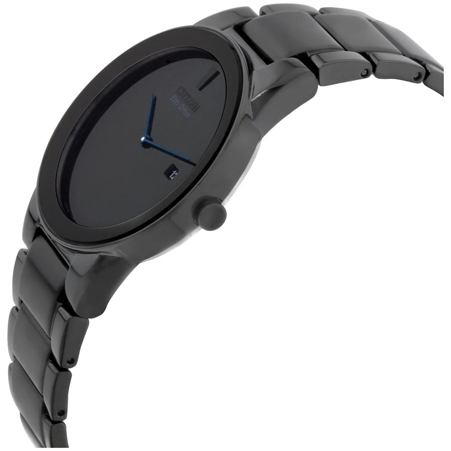 Citizen AU1065-58E mens watch angled side view showing slim black case, minimalist dial and black stainless steel bracelet design