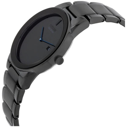 Citizen AU1065-58E mens watch angled side view showing slim black case, minimalist dial and black stainless steel bracelet design